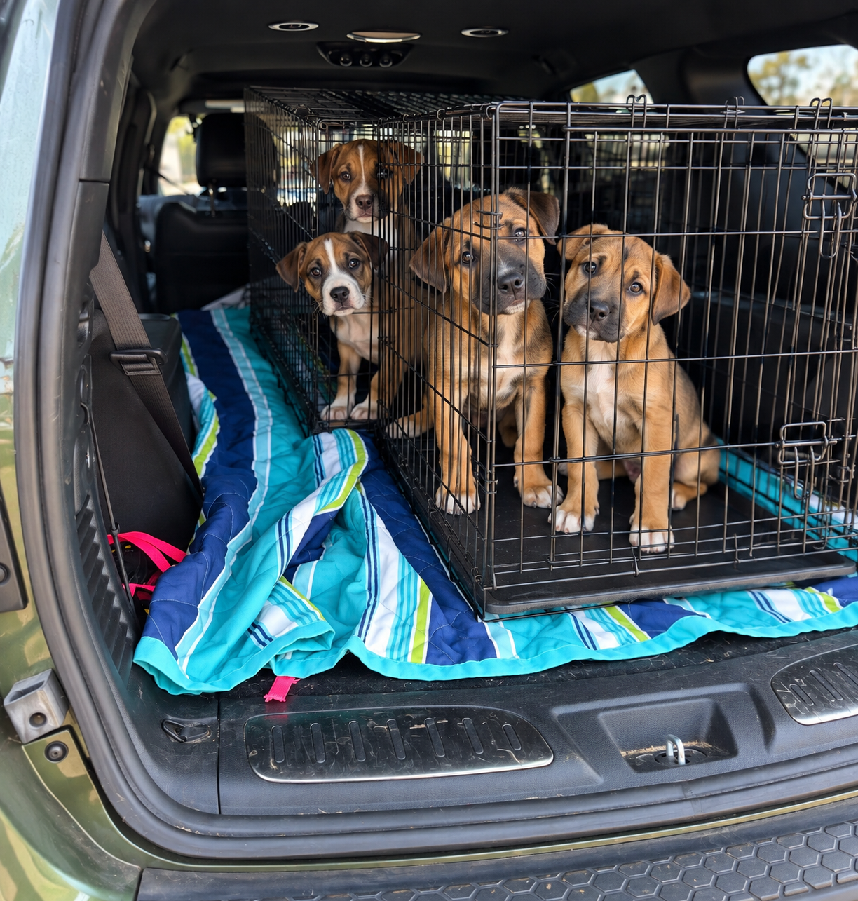 Two people standing beside two dogs preparing for transport